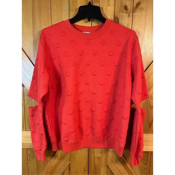 JOY LAB POLKA DOT Pop Outs Orange SWEATSHIRT Split Cut Out Elbow Sz L (0021) - Picture 1 of 6